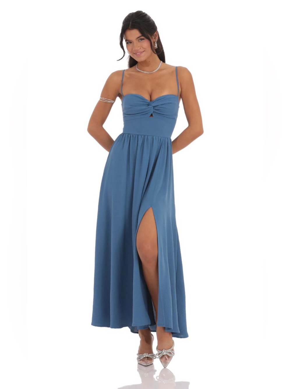 Lucy in the Sky Front Twist Midi Dress Slate Blue NWOT
